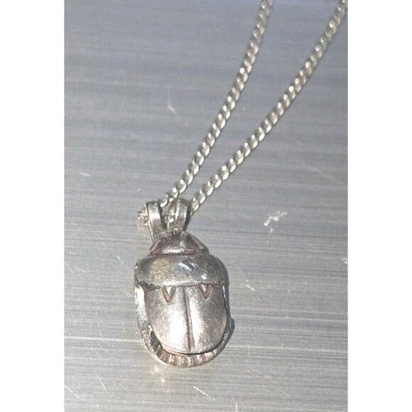 Vintage Sterling Silver Egyptian Scarab Beetle Pendant Chain Necklace 19" - Picture 1 of 11